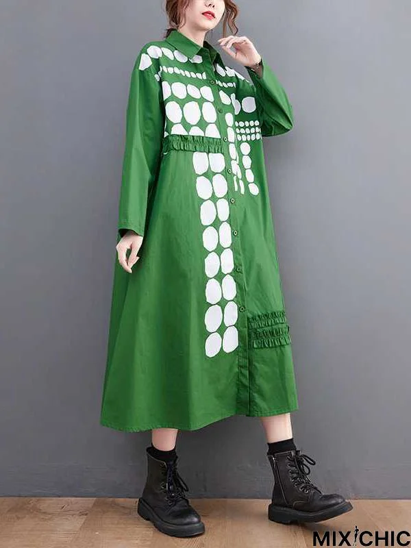 A-Line Long Sleeves Asymmetric Buttoned Polka-Dot Lapel Midi Dresses