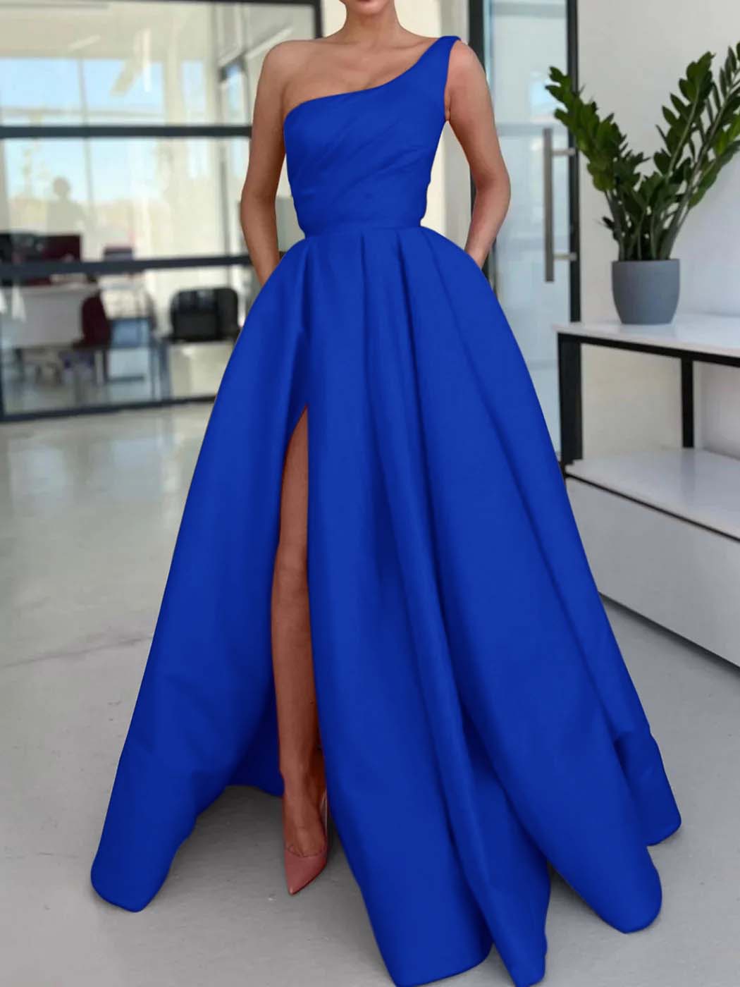 One Shoulder Pink Long High Slit A Line Pleated Simple Formal Prom Dress
