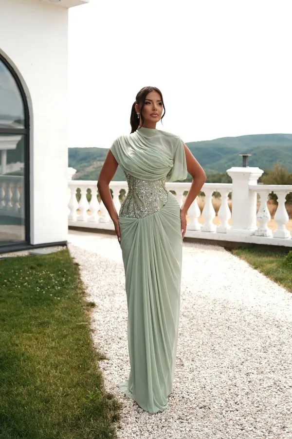 Lussooy Gorgeous Dusty Sage Chiffon High Neck Sequins Pleated Beaded Prom Dress 
