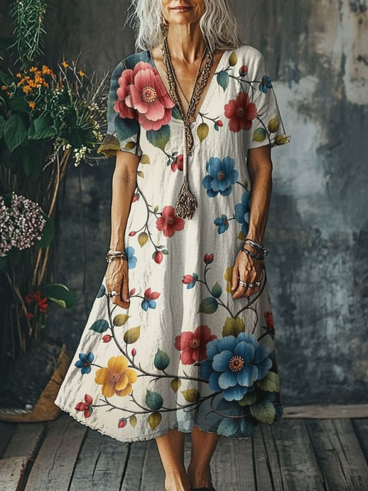Women's Vintage Flower Art Print Pocket Cotton Dress