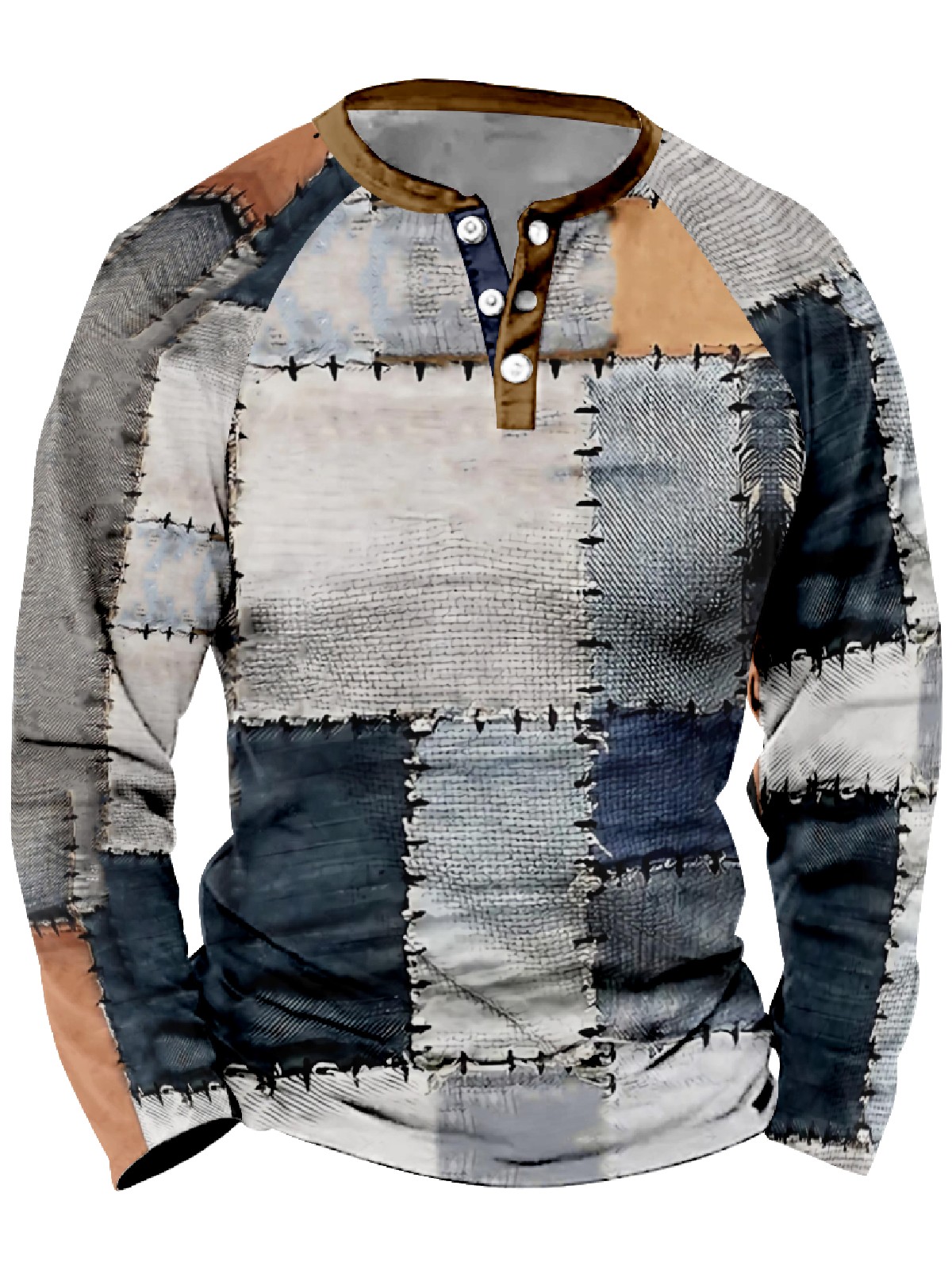 Men's Paneled Waffle Button Polo Long Sleeve T-Shirt PLUSCLOTHESMAN