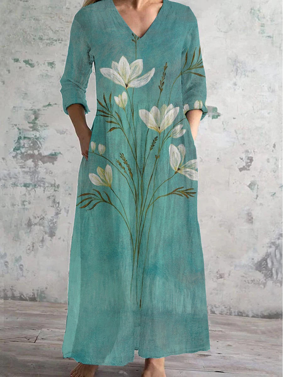 Women's V-Neck Daffodil Floral Dress With Pockets