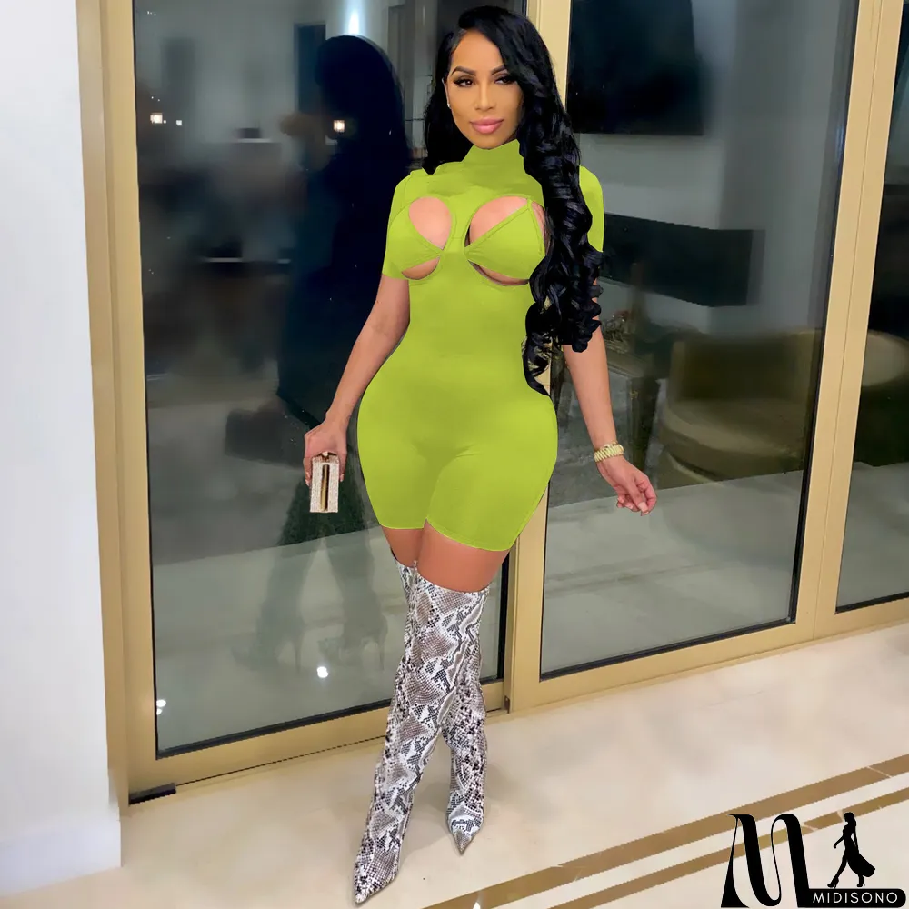 MidiSono - Solid Sexy Turtleneck Hollow Tight Rompers