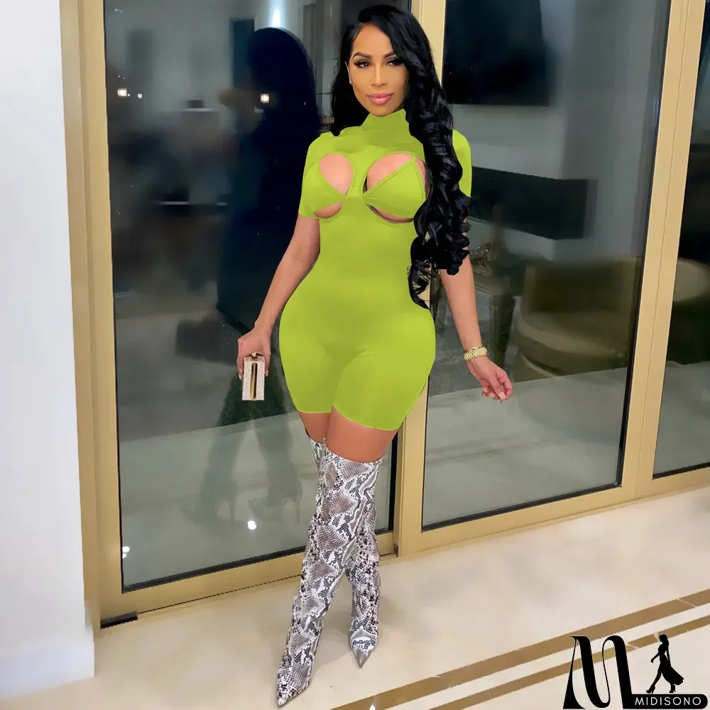 MidiSono - Solid Sexy Turtleneck Hollow Tight Rompers