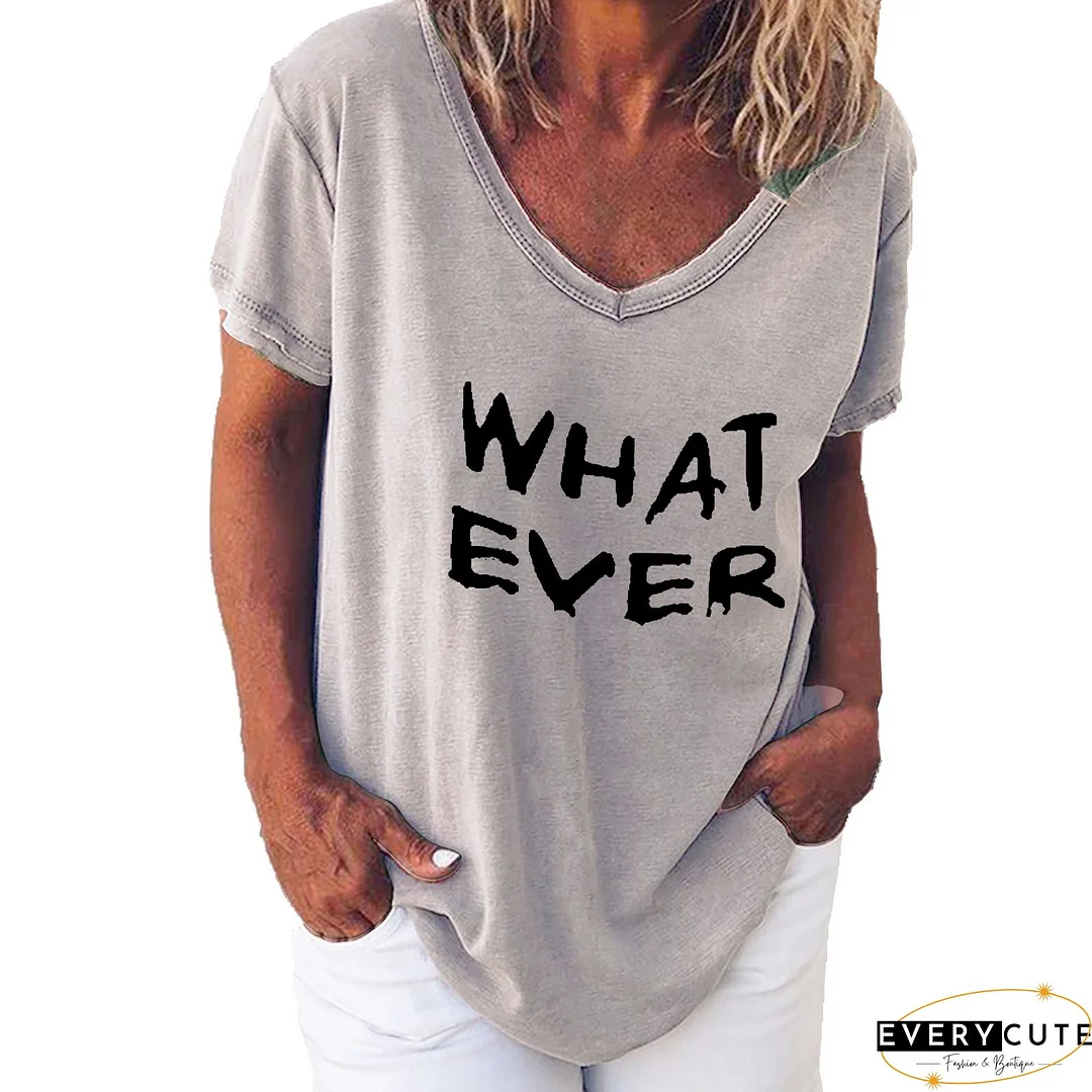Gray Short Sleeve Cotton-Blend V Neck Printed T-shirt