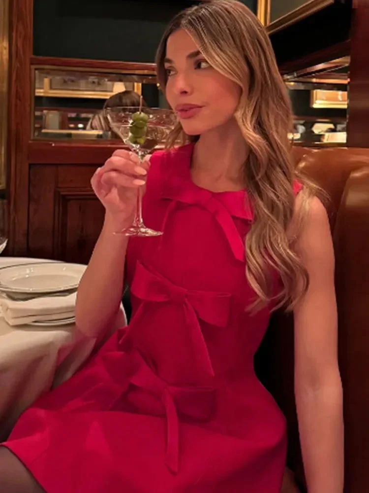 Toloer Red Bow Round Neck A-line Mini Dress-Outfit Ideas