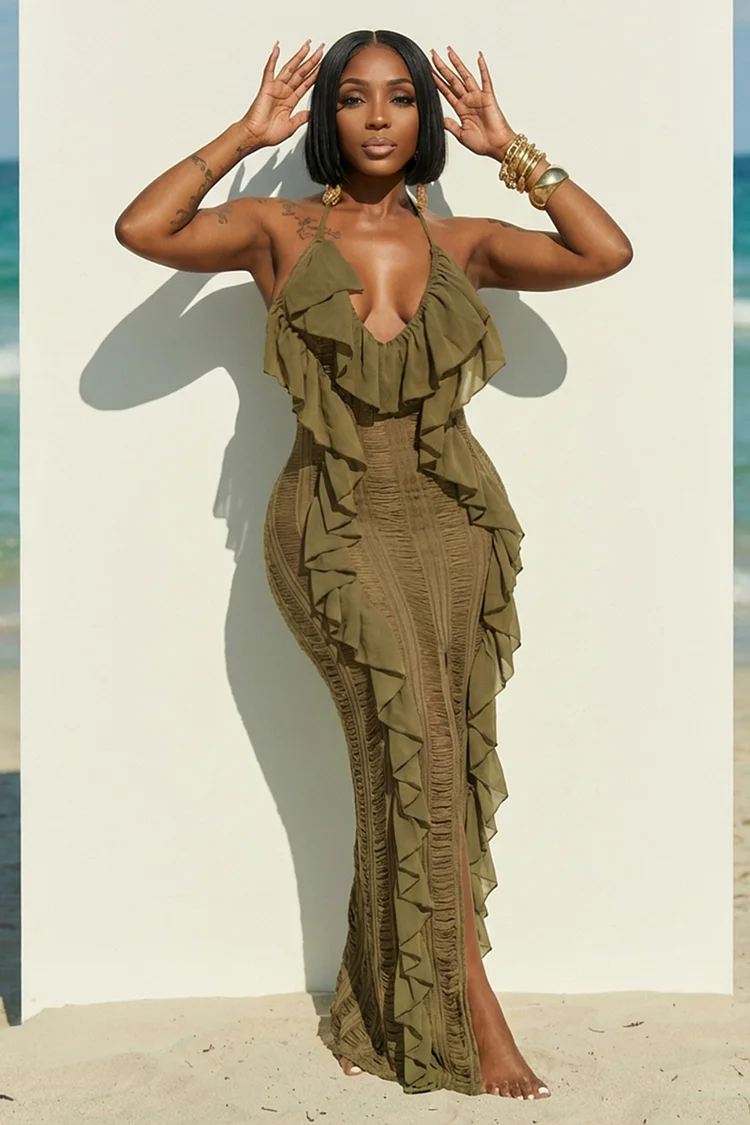 Halter Backless Ruffle Trim Slit Slim Fit Maxi Dresses-Green [Pre Order]