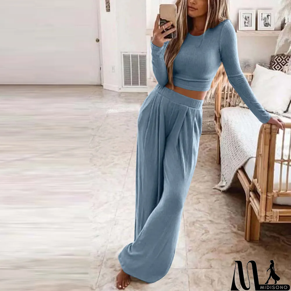 MidiSono - Women Solid Casual Long Sleeve Top and Pant Two Piece Set