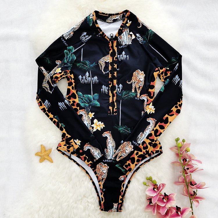 Long Sleeve Leopard Printed Sexy One Piece Swimsuit