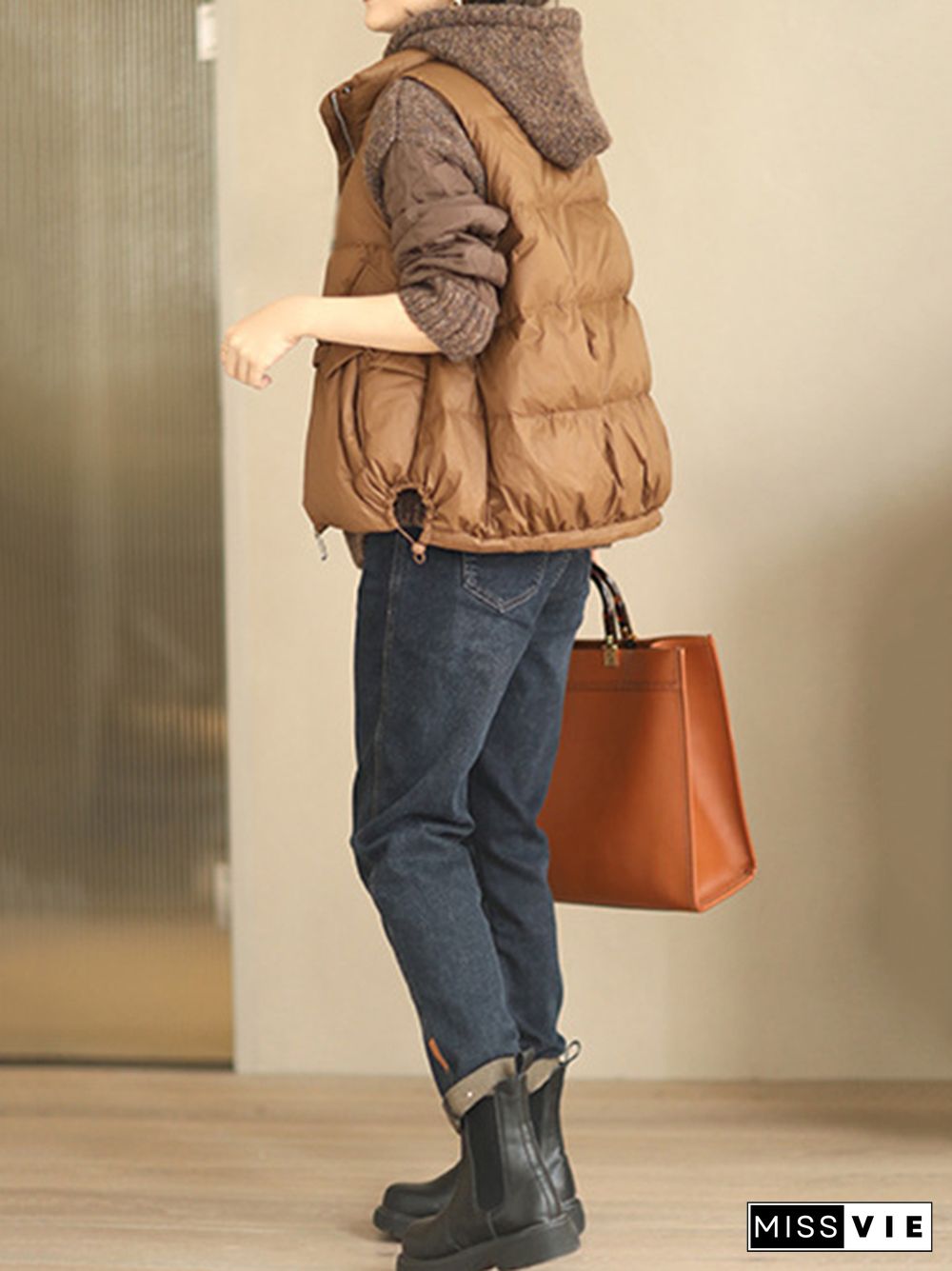 Original Creation Loose Sleeveless Solid Color Zipper High-Neck Vest Outerwear