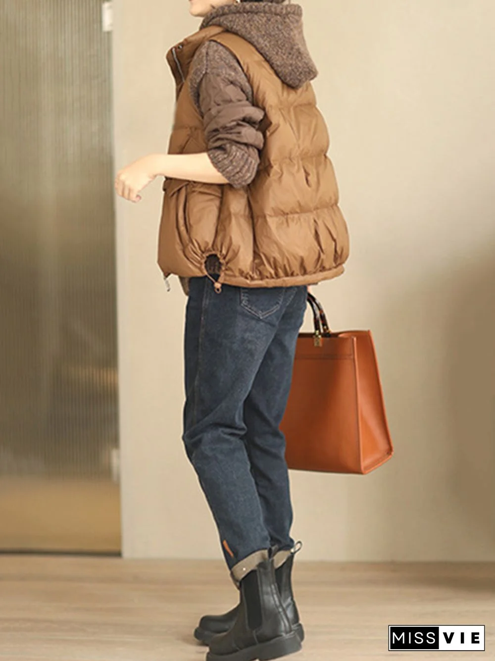 Original Creation Loose Sleeveless Solid Color Zipper High-Neck Vest Outerwear