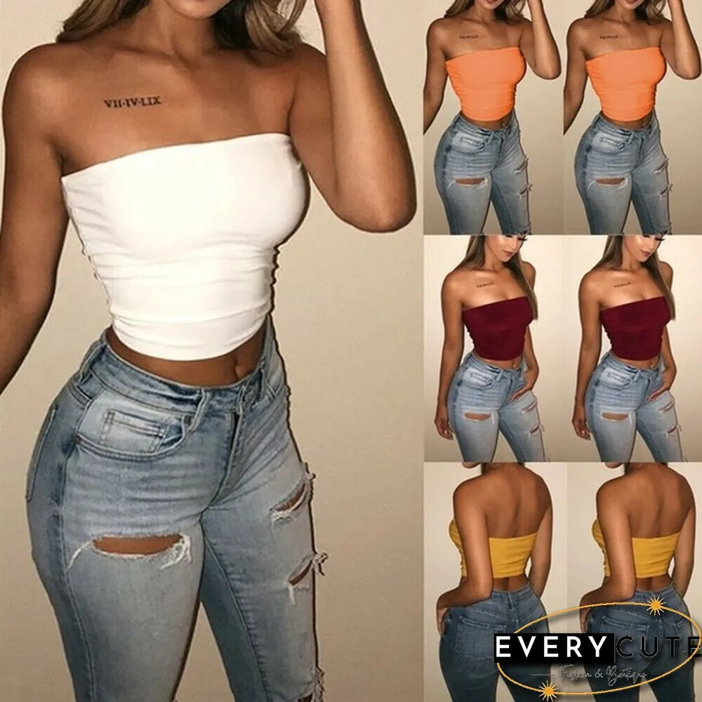 Womens Off Shoulder Strappyless Casual Tank Vest Sleeveless Summer Bodycon Slim Crop tops