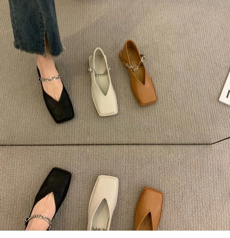 2022 Deformed Heel Autumn Luxury Chain Square Head Shallow Flat Shoes Women's Lazy Loafer Casual Flat Square Heels