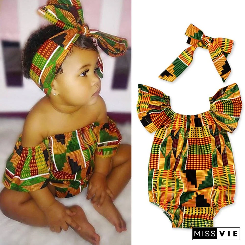 With Hairband Cute Baby Kids Girls Clothing African Boho Style Printed Long Rompers Jumpsuit