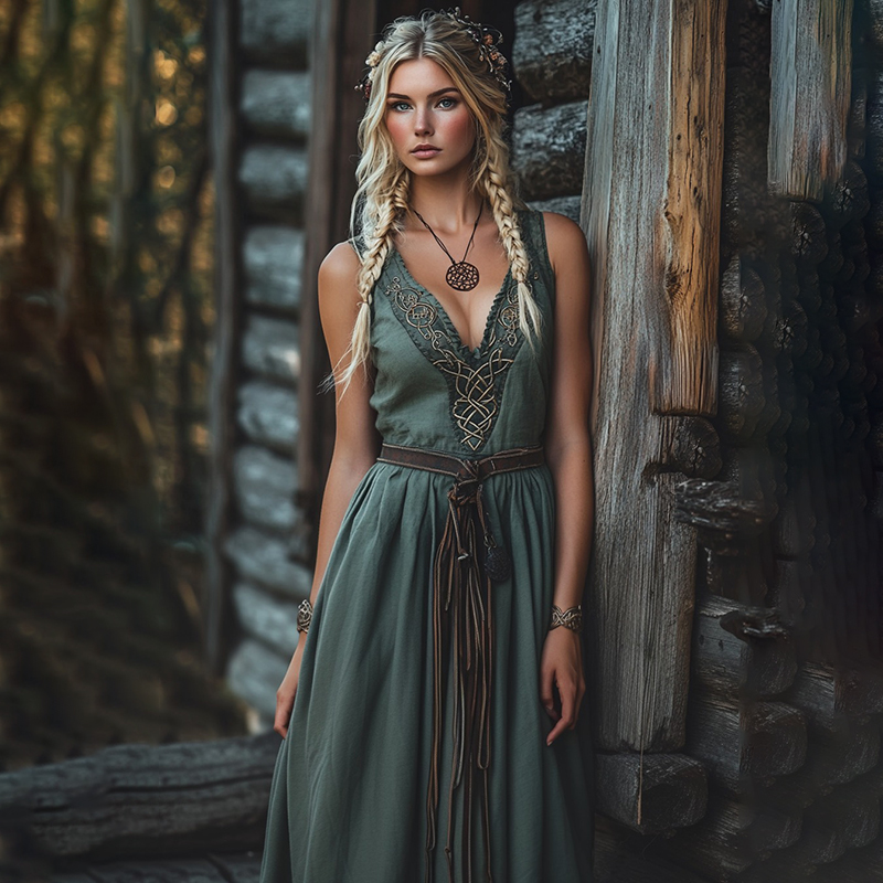 Comstylish Vintage Viking Celtic Knot Design Linen Maxi Tank Dress