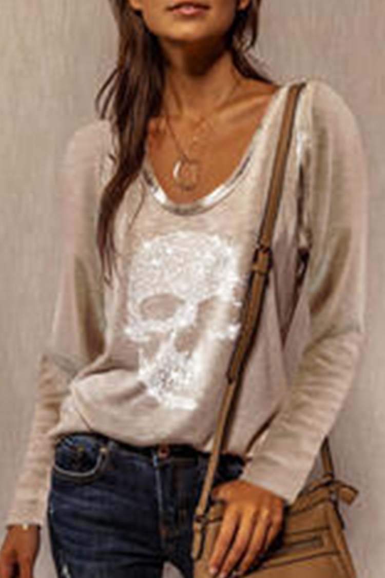 Casual Street Skull Head Bronzing Basic O Neck Tops - Life is Beautiful for You - SheChoic