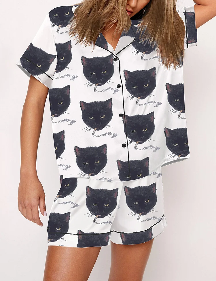 Women’s Smoking Cat Short Sleeve Satin Pajama Set