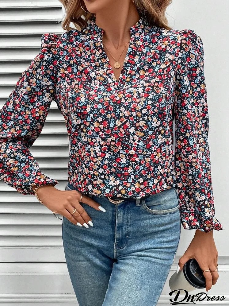 Women's Casual Ditsy Floral Long Sleeve Blouse, Autumn