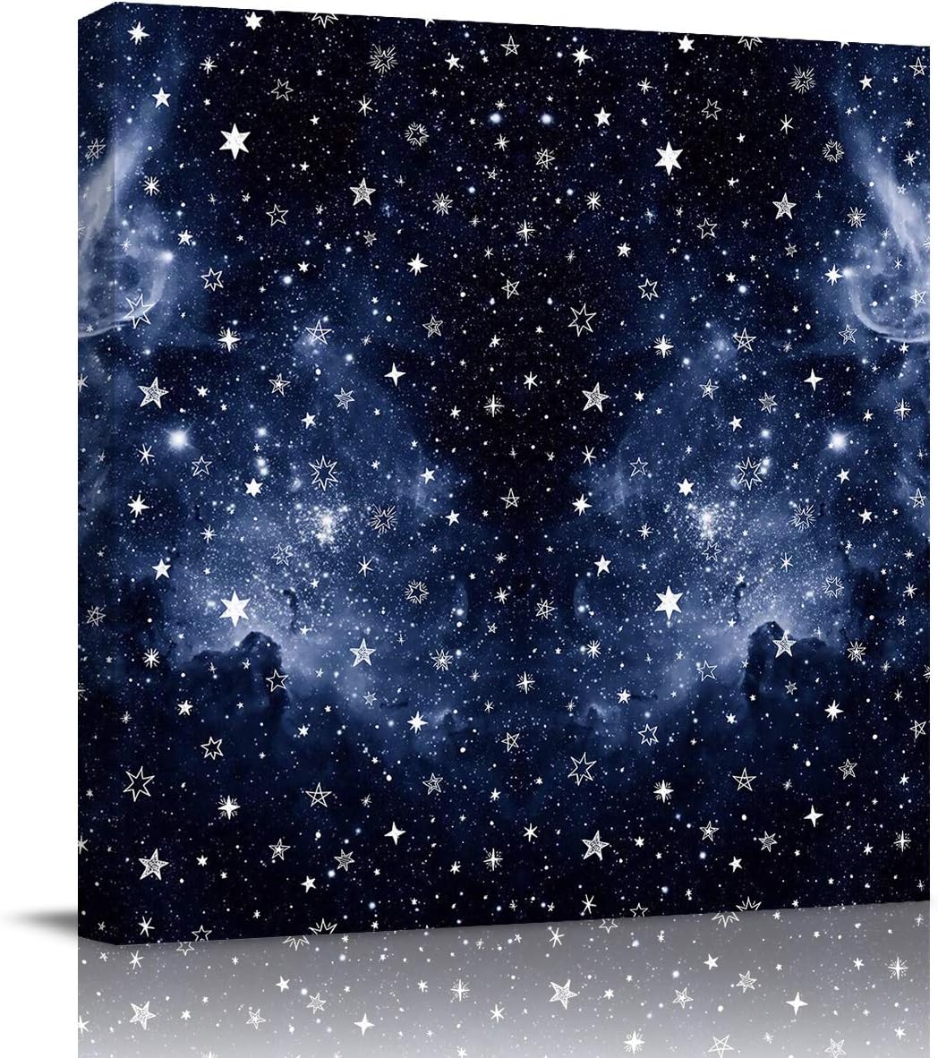 Canvas Wall Art Room Decor Dark Night Galaxy Dazzling Stars and Midnight Blue Painting Pictures Modern Poster Print for Bedroom Living Room Kitchen Bathroom Home Office Decoration, Framed 16x16in 16&#034;x16&#034;