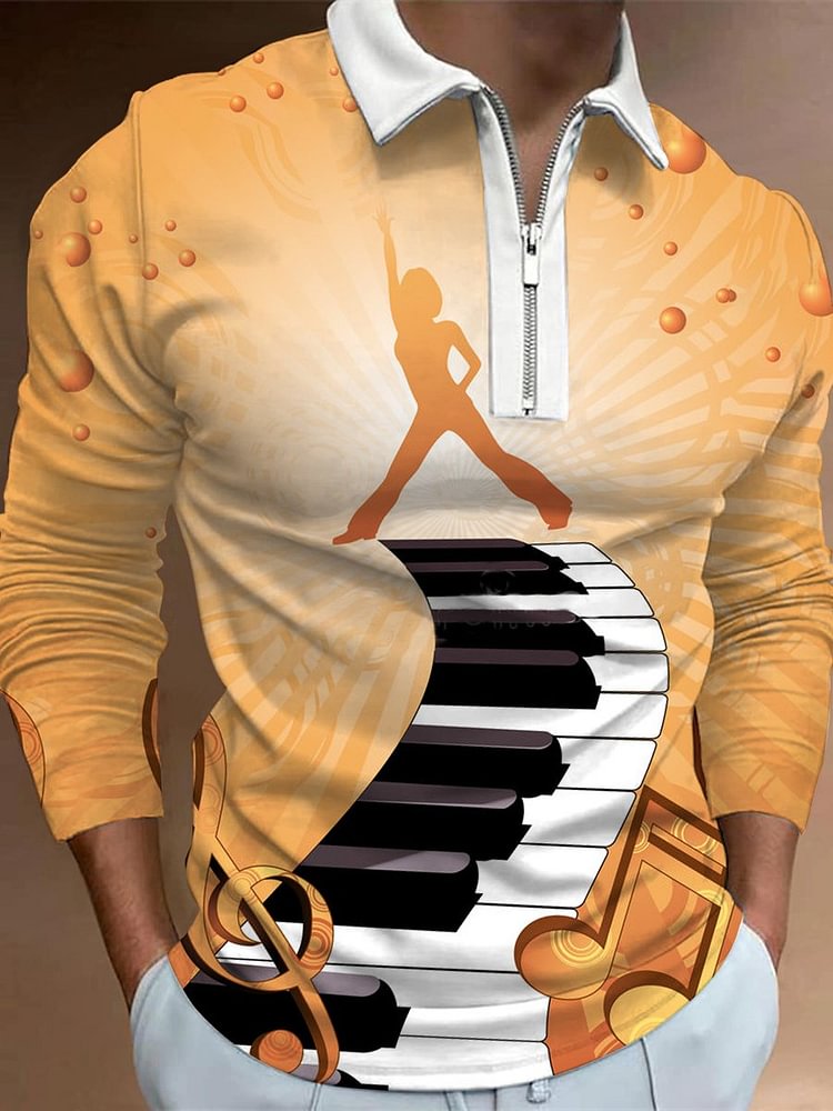 Men's Zipper Music Print PoLo Shirt