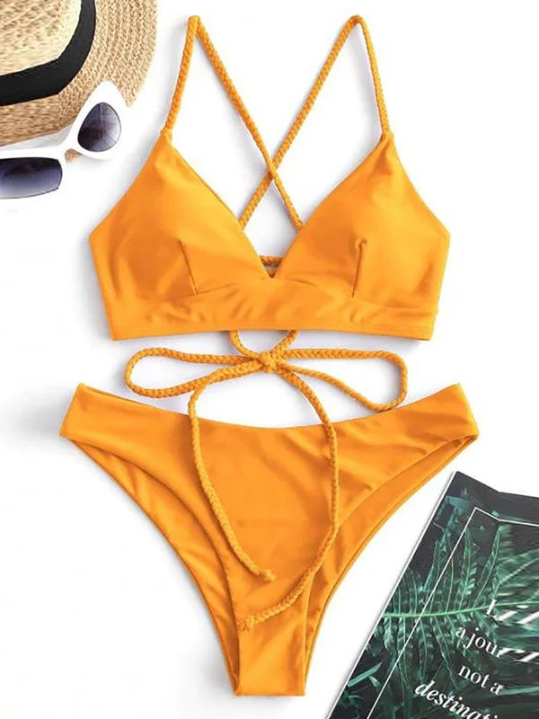 Solid Color Backless Bandage Split Bikini Swimsuit