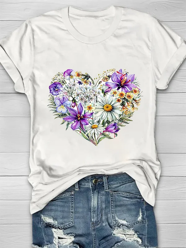Heart Shape Flowers Printed Crew Neck Women's T-shirt