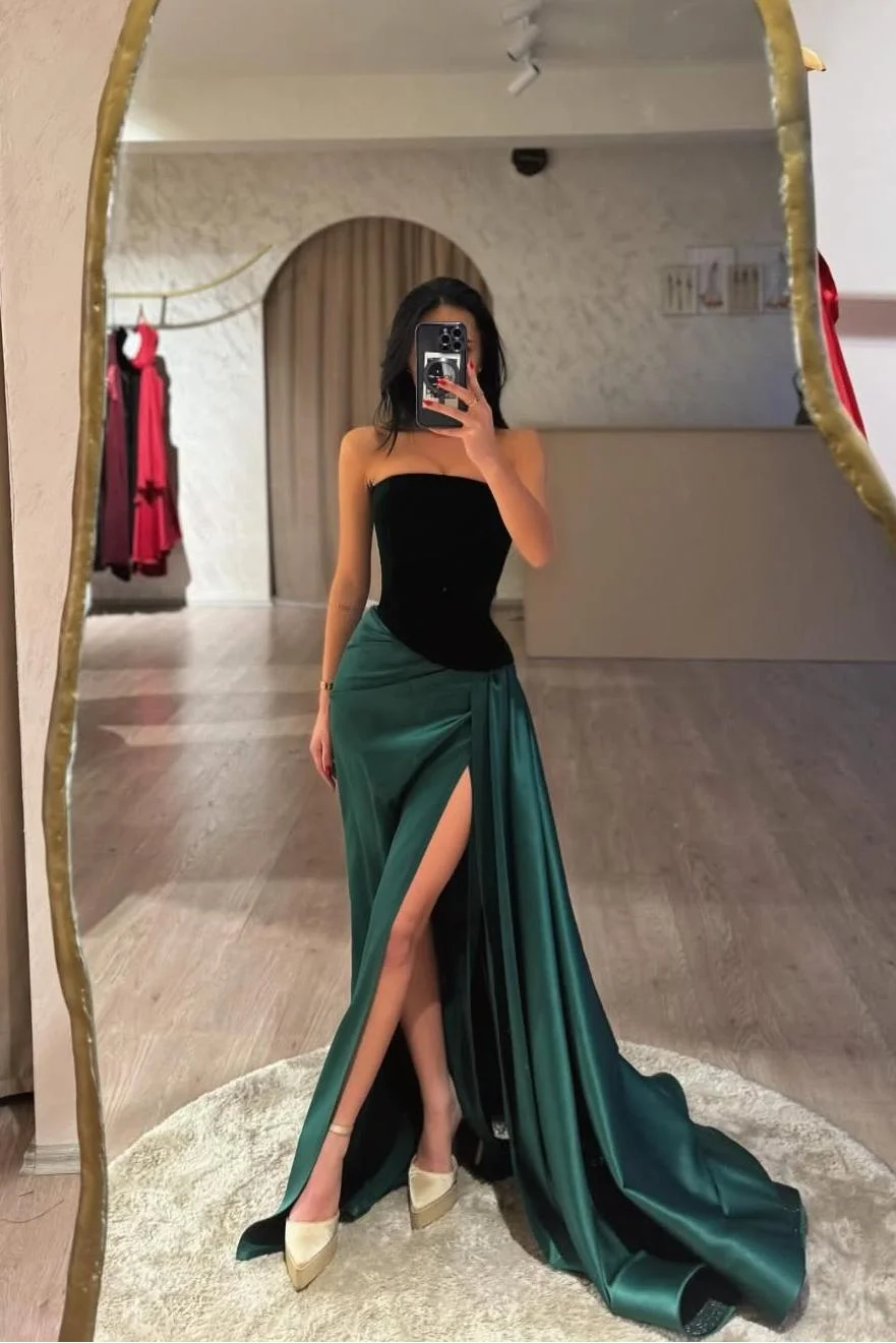 Miabel Chic Dark Green Satin Strapless Sleeveless Velvet Long Prom Dress with Split 