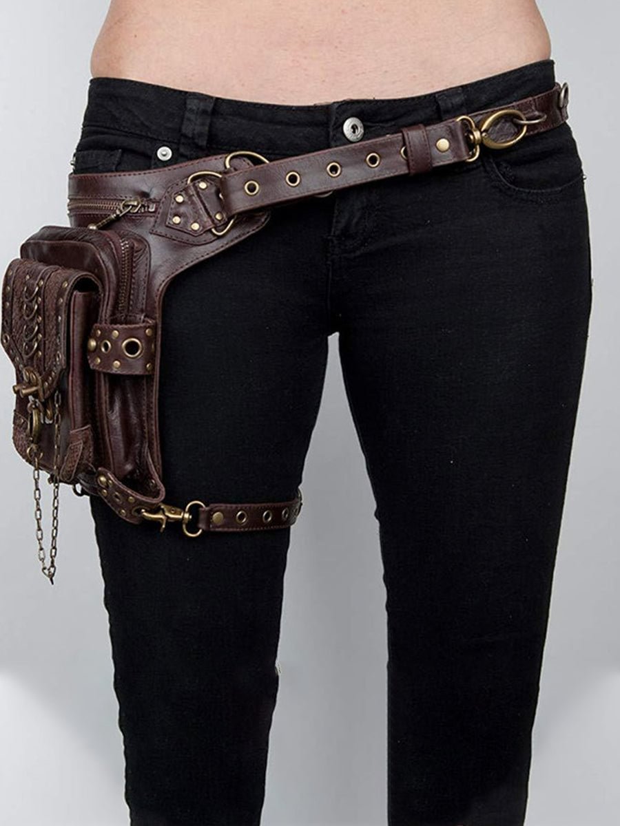 Woman Brown Leather Hip Bag Cross-Body Steampunk Retro Rock Thigh Bag
