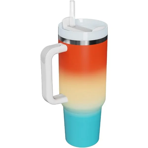 40 oz Tumbler With Handle and Straw Stainless Steel Gradient Rainbow