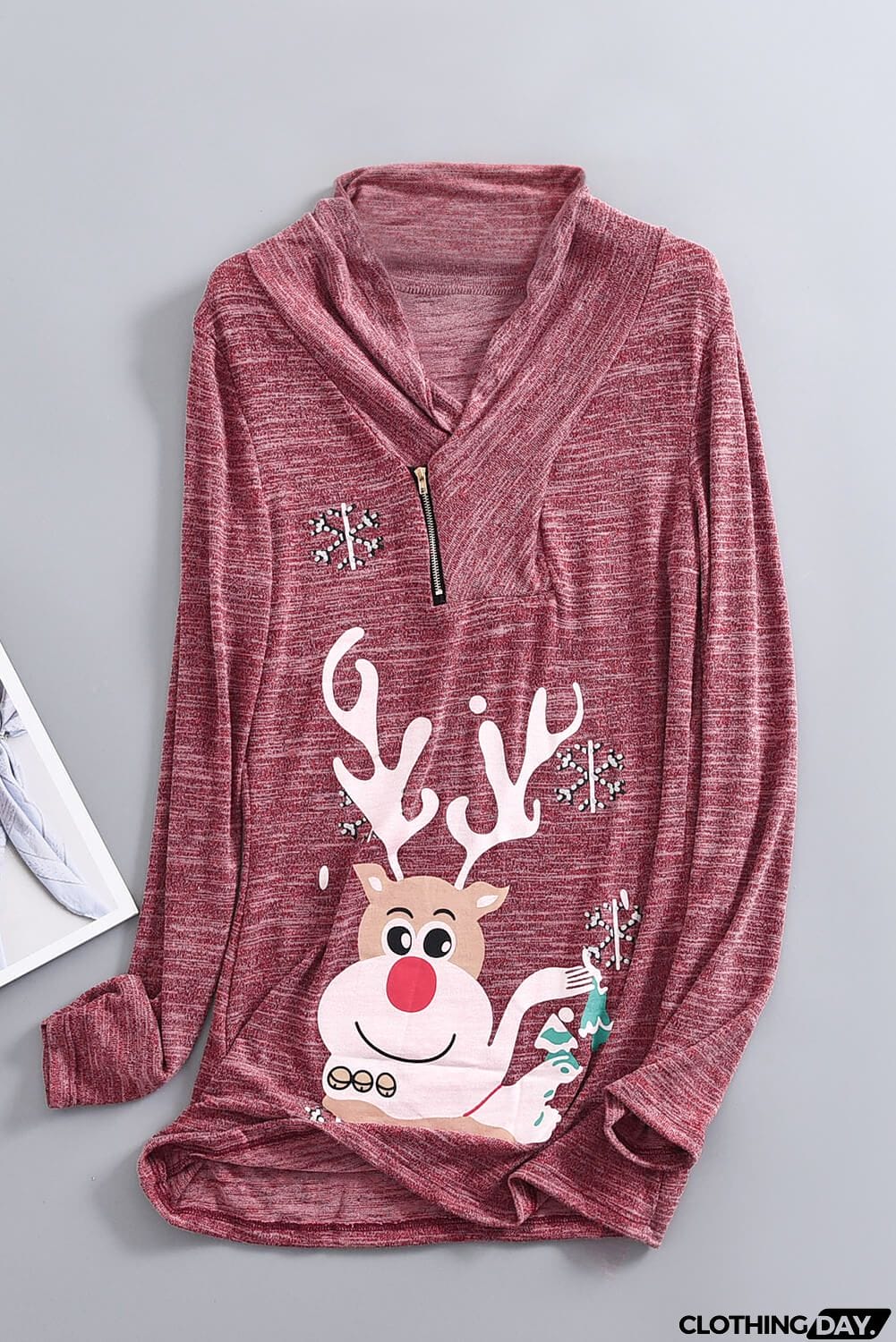 Christmas Reindeer Snow Print Zipped Pullover Top