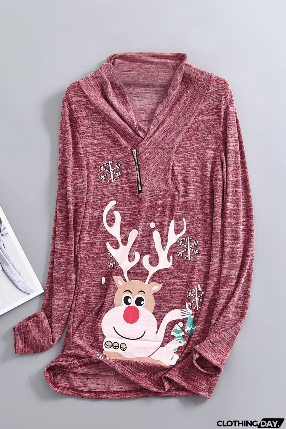 Christmas Reindeer Snow Print Zipped Pullover Top