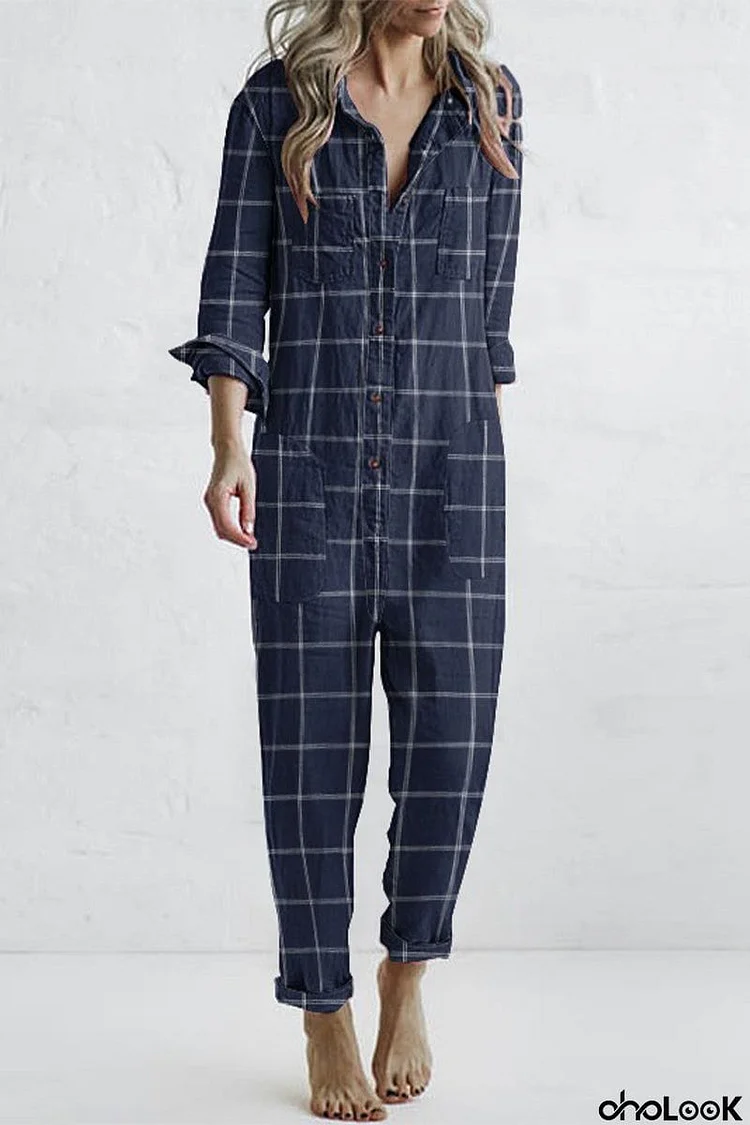 Casual Plaid Buckle Loose Jumpsuits