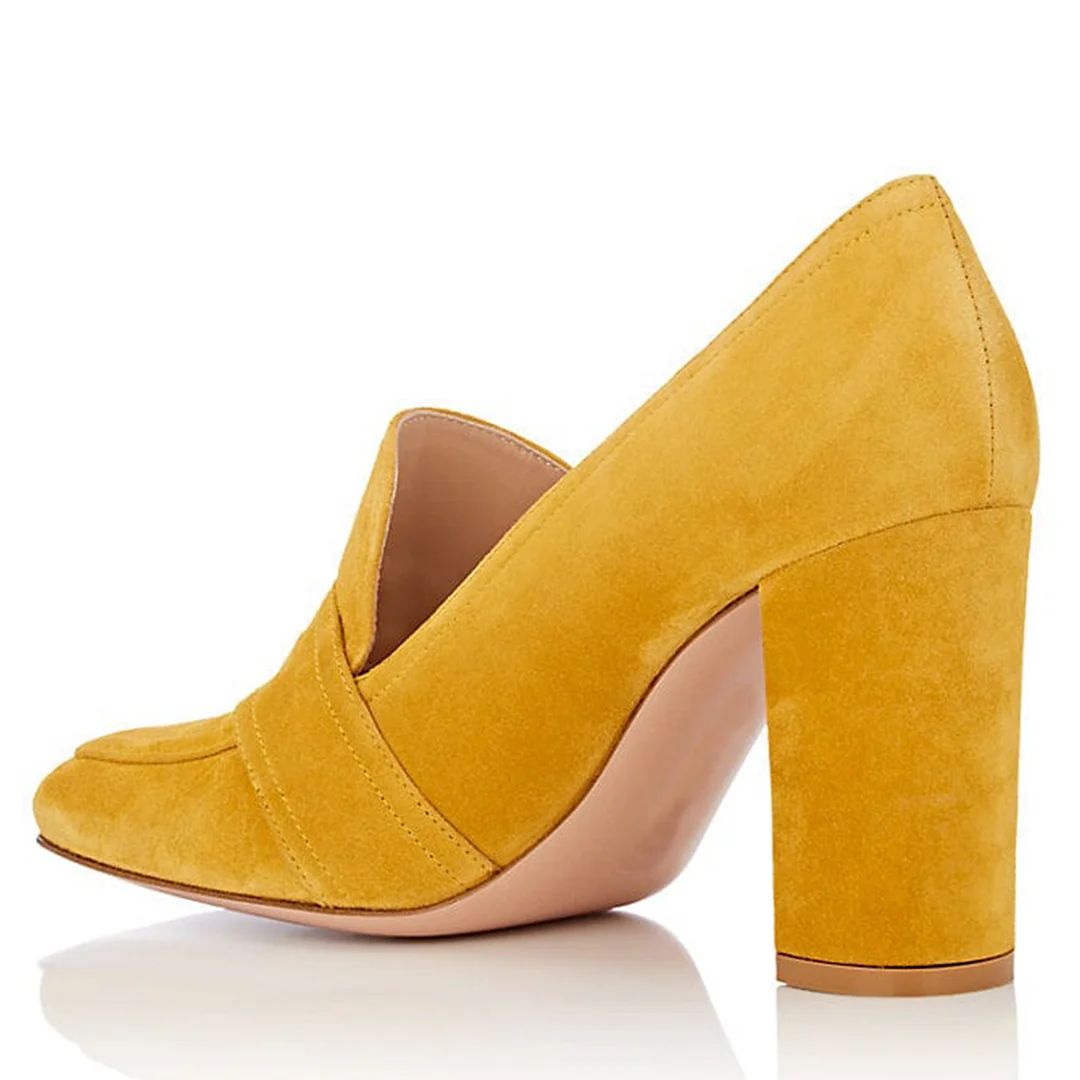 Women's Faux Suede Buckle Inlay Block Heel Loafers in Yellow
