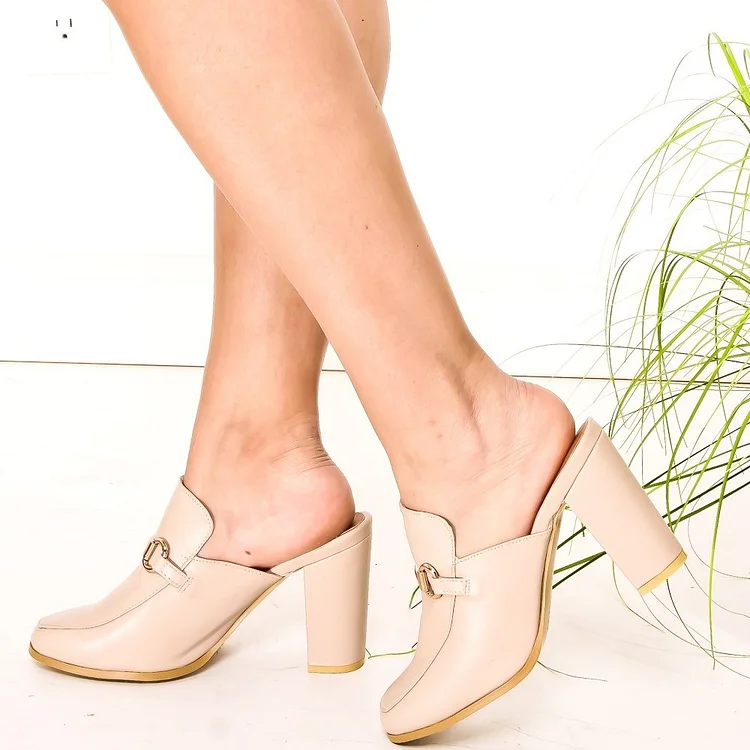 Beige Closed Toe Chunky Heels Horsebit Mule Loafers for Women |FSJ Shoes