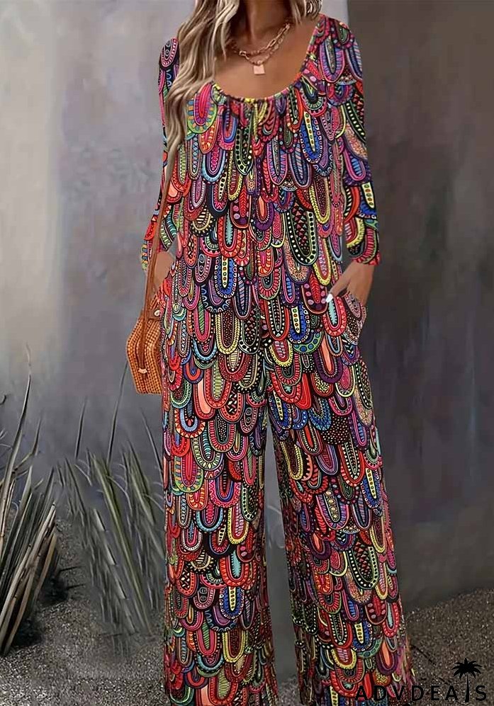Women Print Casual Round Neck Loose Long Sleeve Jumpsuit