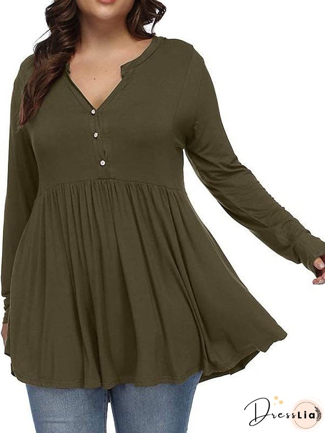 T shirt Tee Light Blue claret Deep Purple Plain Button Flowing tunic Long Sleeve Daily Weekend Basic V Neck Long Plus Size L for Women
