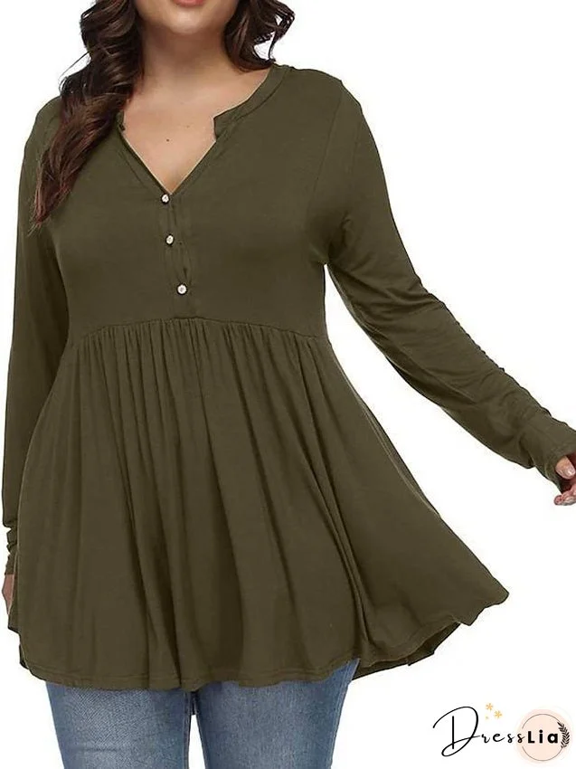 T shirt Tee Light Blue claret Deep Purple Plain Button Flowing tunic Long Sleeve Daily Weekend Basic V Neck Long Plus Size L for Women