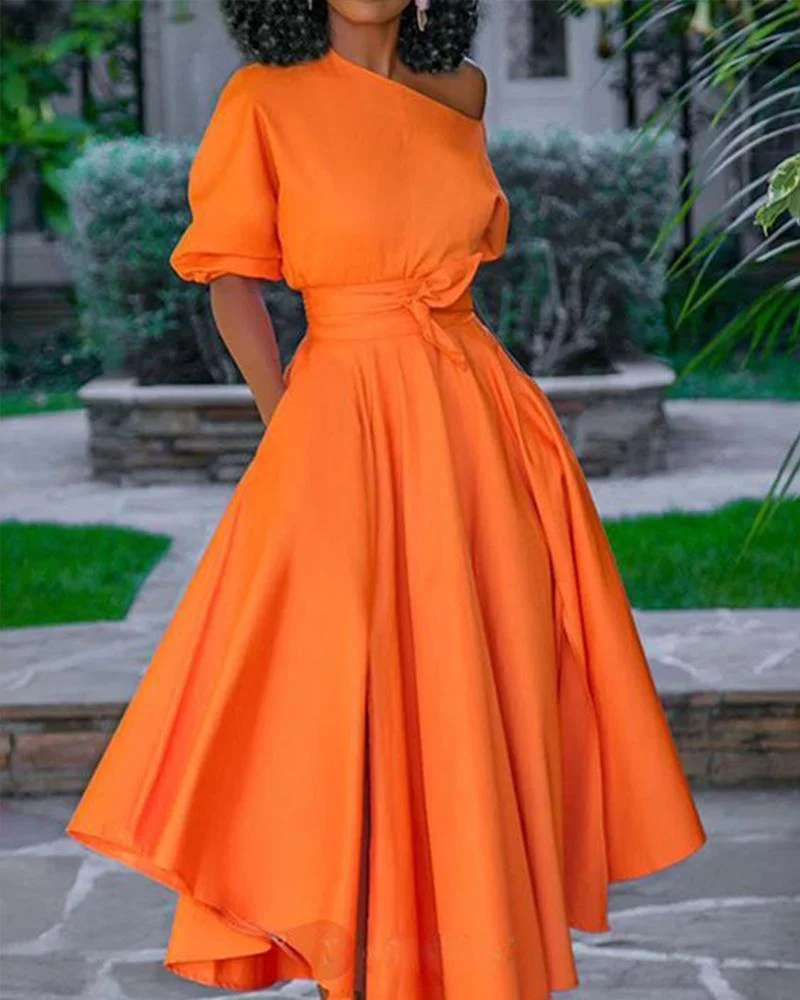 One-shoulder Tie-waist Midi Dress