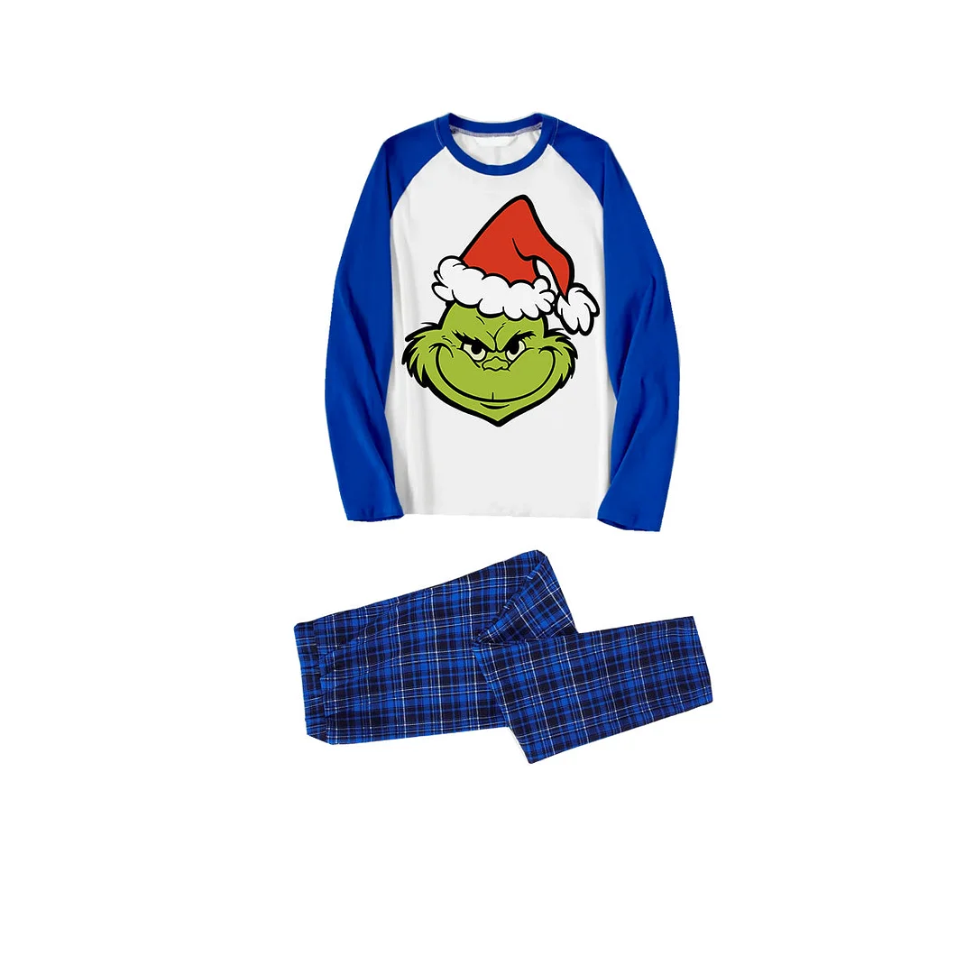 2024 Smile Green Elf Cartoon Pattern Contrast Blue and White Plunger Sleeves with Blue and Black Chambray Pants Family Matching Pajamas