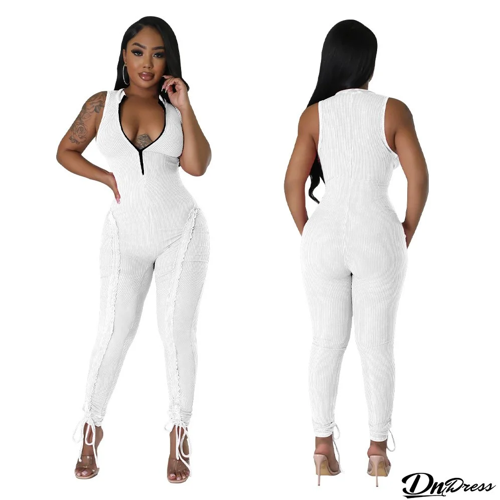 Women Solid Ribbed Sleeveless Jumpsuit