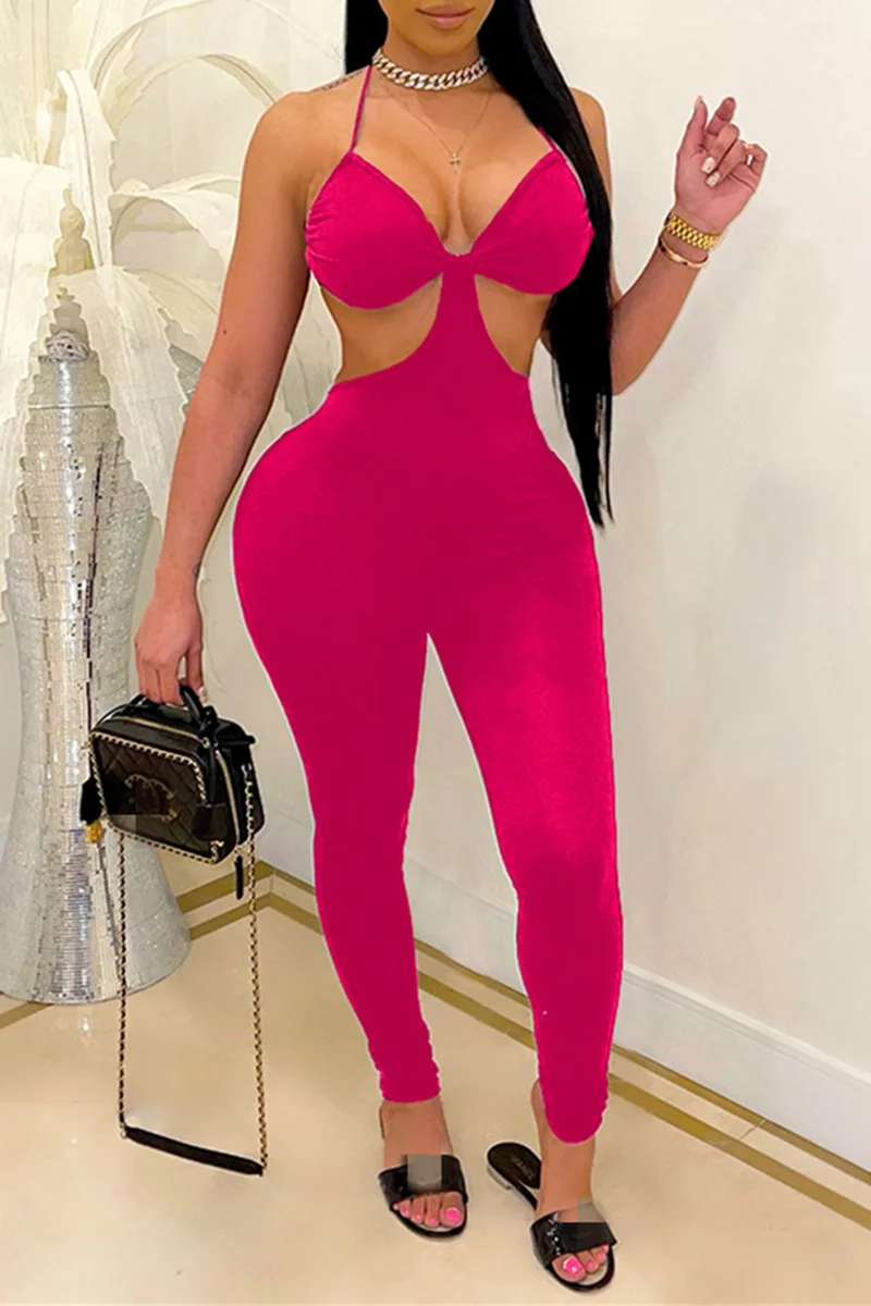 Rose Red Fashion Sexy Solid Backless Strap Design Halter Skinny Jumpsuits