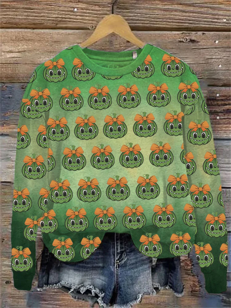 Utbros Women's Casual Halloween Funny Pumpkin Head Printed Sweatshirt