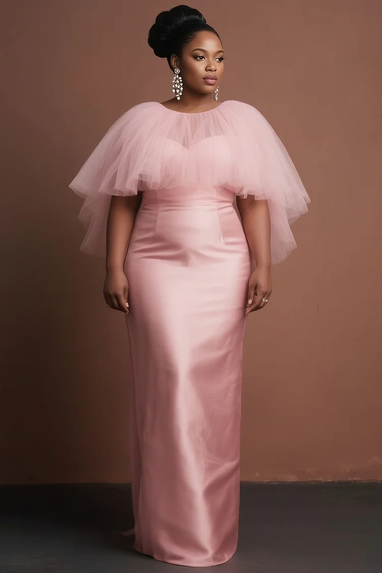 Xpluswear Design Plus Size Formal Pink Round Neck Ruffle Elegant Contrast Tulle Satin Maxi Dresses [Pre-Order] 2024 - Xpluswear