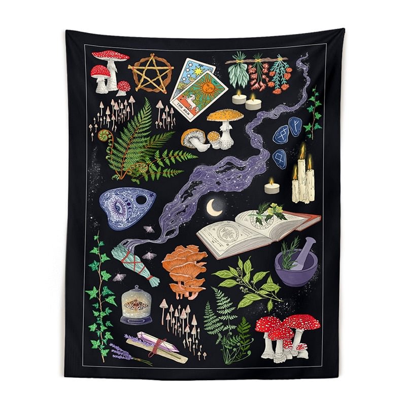 Tarot Mushrooms Tapestry Wall Hanging Moon Starry Botanical Chart Hippie Bohemian Tapestry Psychedelic Witchcraft Home Decor