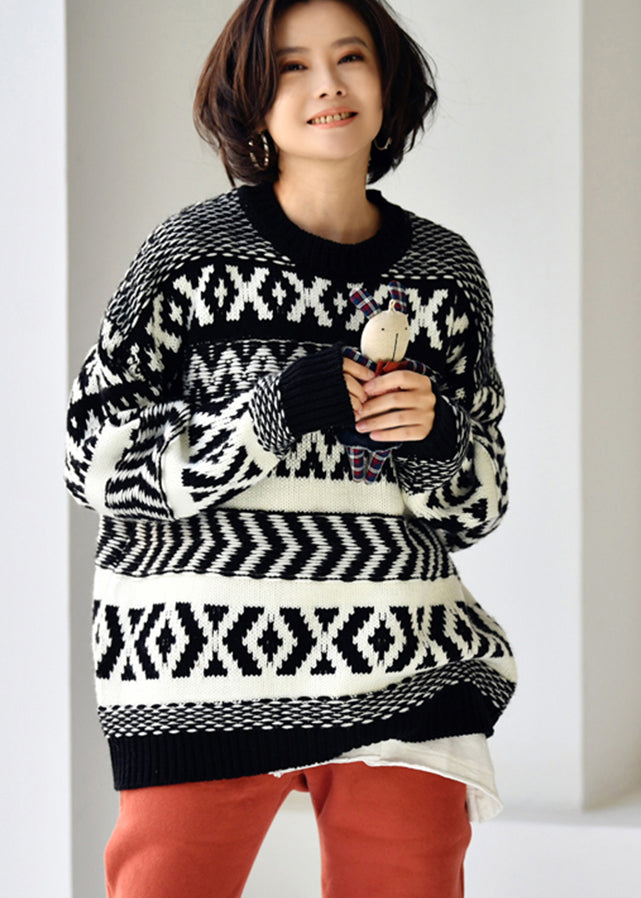 VCSHOES Loose Black O-Neck Print Thick Cotton Knit Sweaters Fall