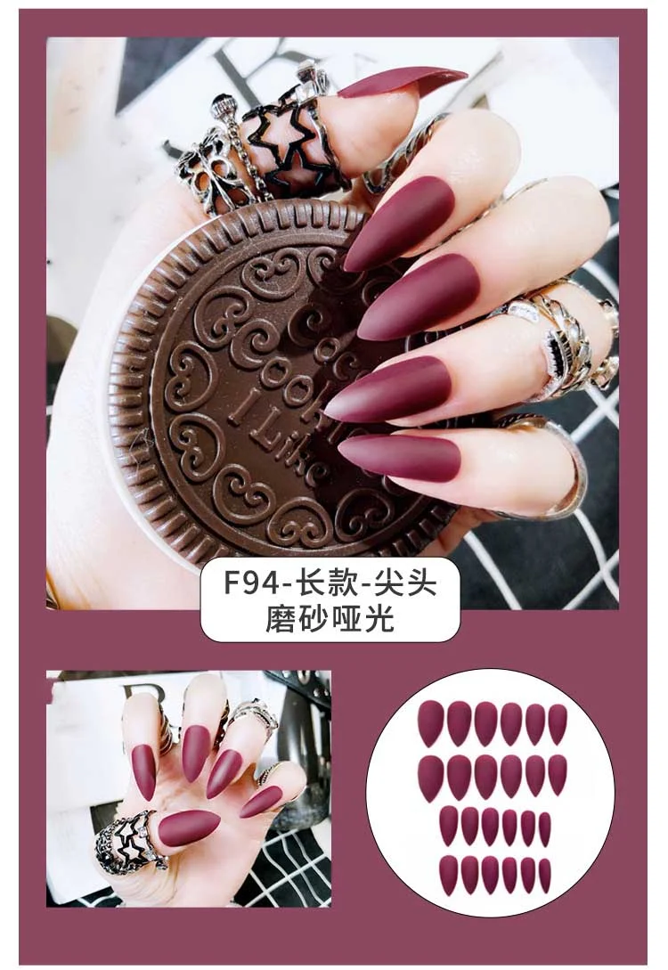 24Pcs Charming Fake False Nails Tips Wine Red Pointed Head Full Cover Nail Tips Long Style Nude Artificial Flase Nails with Glue-Nail Inspo