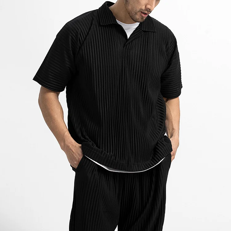 BrosWear Issey Miyake Pleated Loose Polo Shirt And Shorts Co-Ord