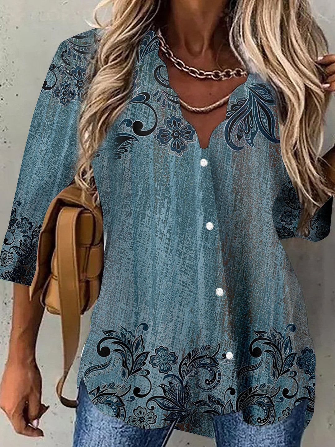Women's Blue V-Neck 3/4 Sleeve Printed Striped Buttons Top