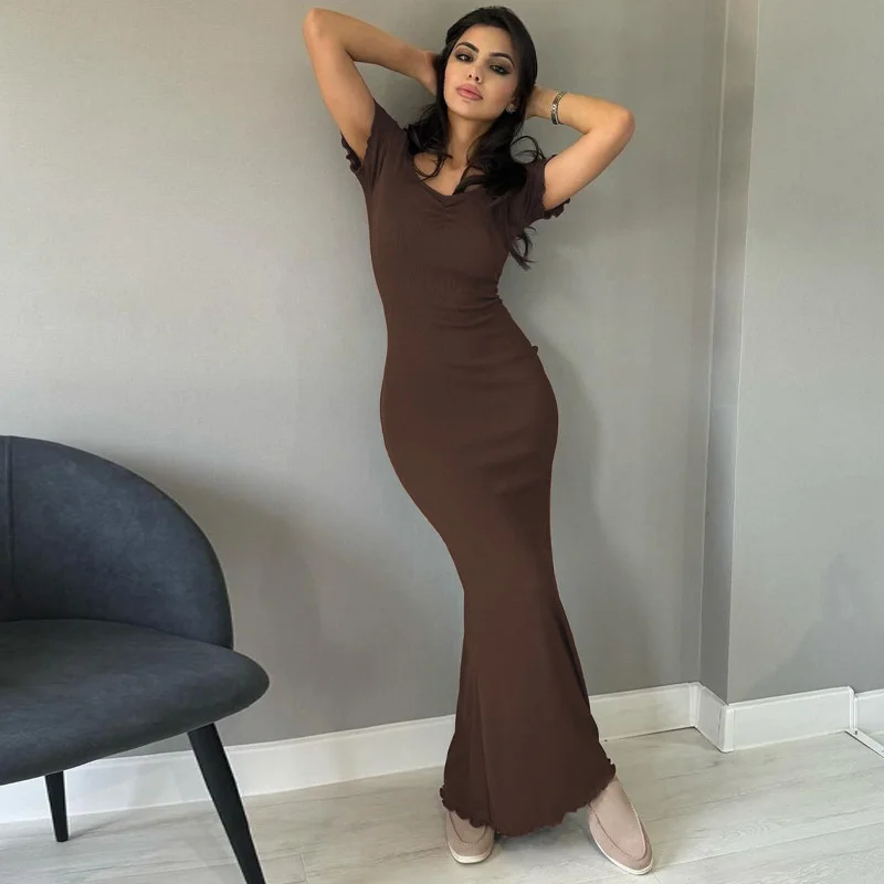 Uveng Uveng Summer New Women's Solid Color Temperament U Collar Short Sleeve Slim Long Dress Female