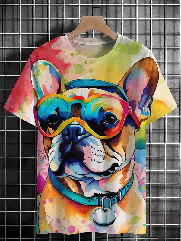 Men's French Bulldog Hippie Watercolor Art Print T-Shirt
